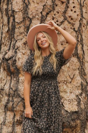 THE CHANTEL FLORAL CHIFFON MIDI DRESS IN BLACK