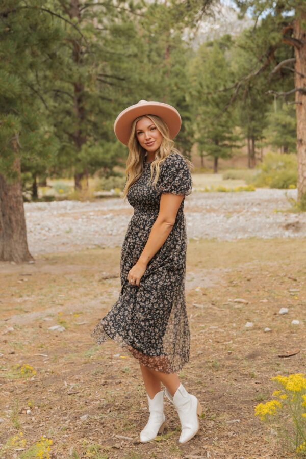 THE CHANTEL FLORAL CHIFFON MIDI DRESS IN BLACK - Image 6