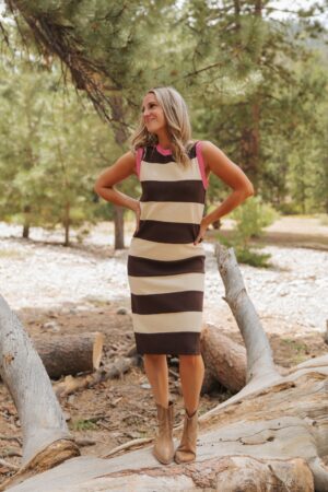 THE MAGGY SHEATH MIDI IN BROWN/CREAM