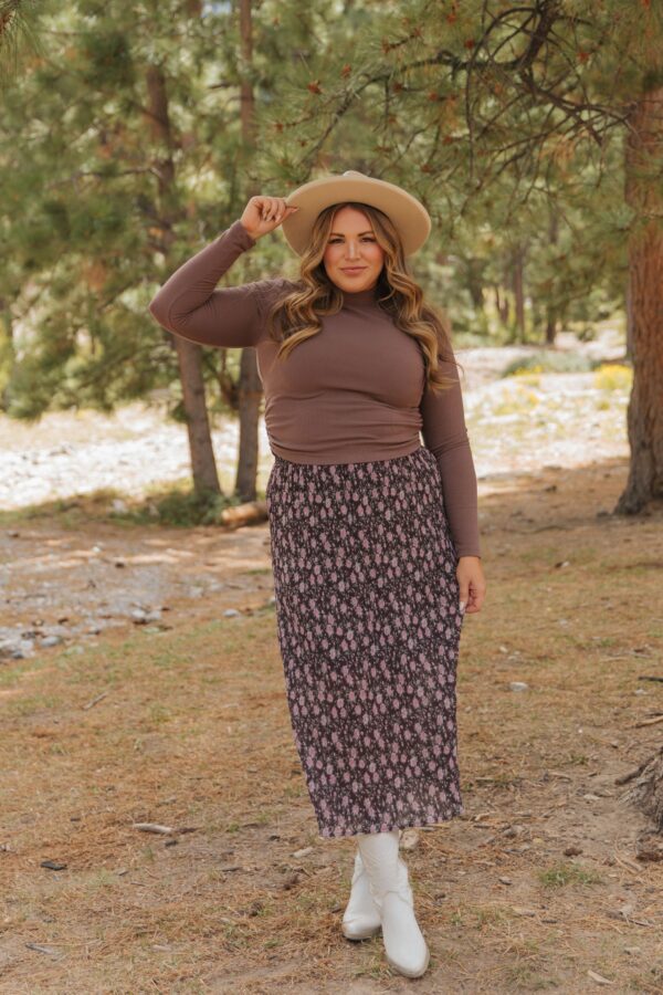 THE MIYA FLORAL MIDI SKIRT IN CHOCOLATE
