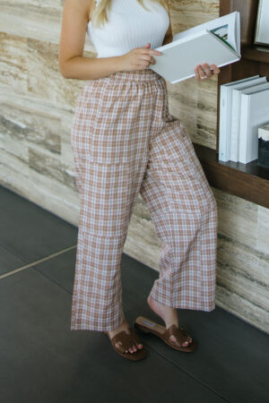 THE KIARA PLAID WIDE LEG PANTS IN BROWN